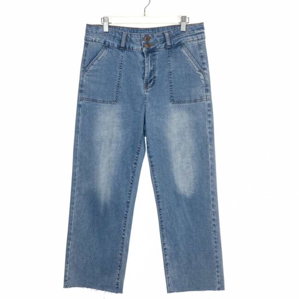 ALLIMY Light Wash High Waisted Wide Leg Jeans Raw Hem Women’s Stretch Size 12 - Picture 7 of 7